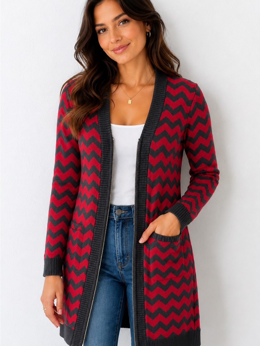 Theme Chevron Open-Front Long Cardigan - Red & Charcoal